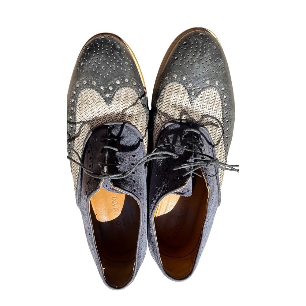 Giorgio Armani Mens Woven Suede Leather Wingtip Oxford Shoes Navy Made in Italy